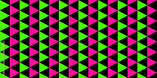 Classic Neon Colors Geometric Triangles Seamless Pattern. Fluorescent Lime Green, Hot Pink with Black. Glow in the Dark Background. Trendy 80s, 90s Style Revival. Vector Pattern Tile Swatch Included.