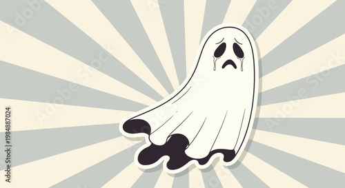 Sad crying ghost illustration with tears on a retro sunburst background suitable for expressive Halloween cards and posters.