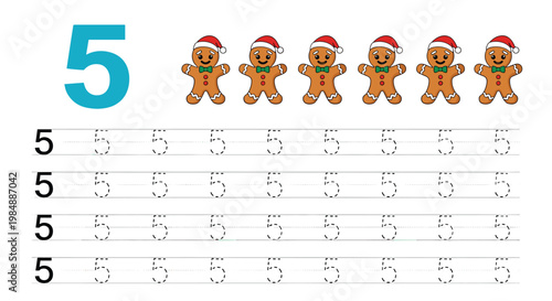 Holiday themed educational worksheet for counting and tracing the number five featuring six cheerful gingerbread men in Santa hats.