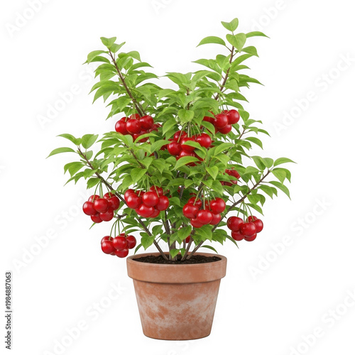 Vibrant red cherries growing in a small terracotta pot with green leaves potted plant cherry tree