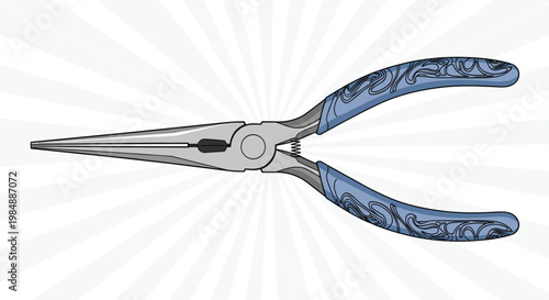 Professional long nose pliers tool with ornate blue patterned handles shown against a radial sunburst background in a technical style.