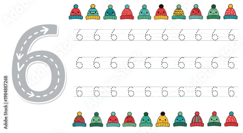 Winter themed educational counting worksheet for the number six featuring a variety of colorful wool hats for kindergarten students.