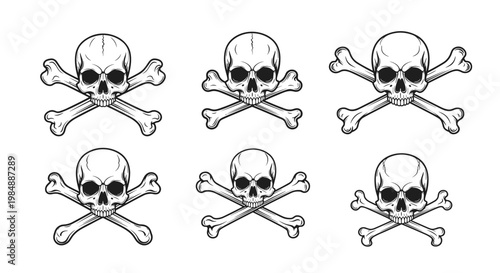 Collection of six hand drawn skull and crossbones illustrations offers various pirate and danger symbols for graphic design projects.