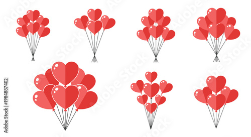 Set of various heart shaped balloon bouquets in red colors offers romantic graphic elements for valentines day or wedding celebrations.