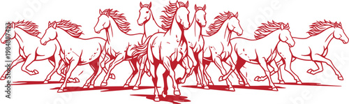 Red Line Art Vector Illustration of a Herd of Galloping Wild Horses Running Forward