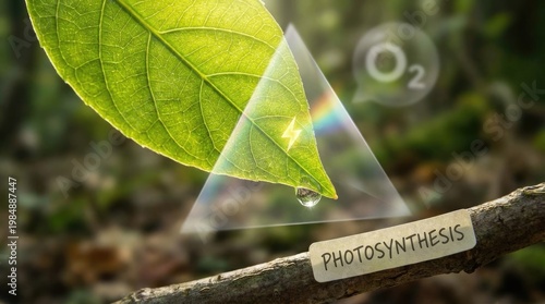 Green leaf transforming sunlight through refractive prism, illustrating vital photosynthesis, producing oxygen, representing essential biological energy conversion, ecological sustainability.