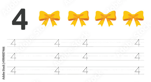 Educational number four worksheet featuring yellow bows helps preschool children learn counting and handwriting through tracing exercises.