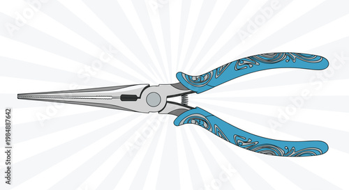 Needle nose pliers with ornate blue floral pattern handles on stylized background combines functional tool design with artistic decorative elements.