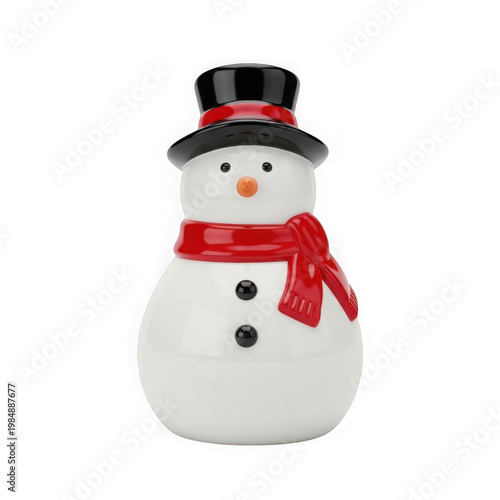 White ceramic snowman figurine wearing red scarf and black hat on black background ceramic figurine