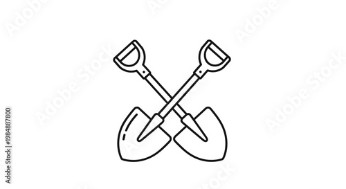 Crossed gardening shovels icon in clean line art style represents manual labor, agriculture, and outdoor landscape maintenance projects.