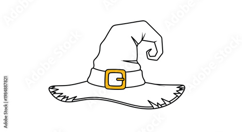 Classic witch hat with large brim and golden buckle serves as iconic halloween costume accessory and spooky holiday decoration element.