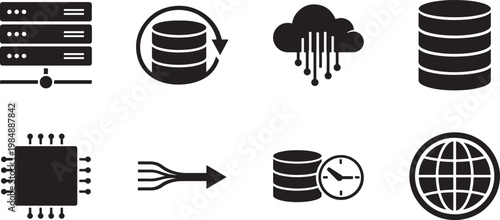 Data technology icon set with cloud, AI, analytics, network, database and digital system symbols.
