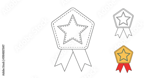 Star award badge tracing and coloring worksheet with colored reference helps children learn about achievements and rewards while building art skills.