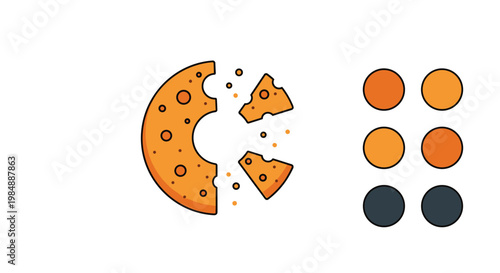 Cartoon illustration of broken orange cookie with crumbs and color palette circles offers creative assets for food branding and graphic design.