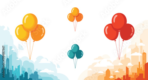 Colorful balloon bunches floating over stylized city skyline provide cheerful and festive backgrounds for celebration and event promotions.
