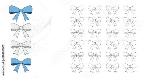 Bow tie tracing worksheet featuring blue and white ribbons helps children develop fine motor skills and handwriting control through practice.