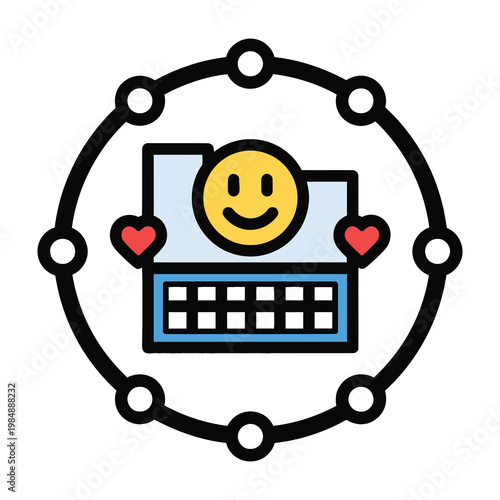 Smiling emoticon on typewriter with hearts around