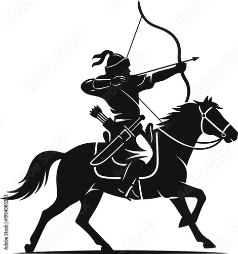 Silhouette of a medieval horse archer warrior aiming a bow on a galloping horse