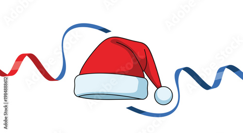 Festive illustration of a red santa claus hat flowing with red and blue decorative ribbons for holiday party themes.