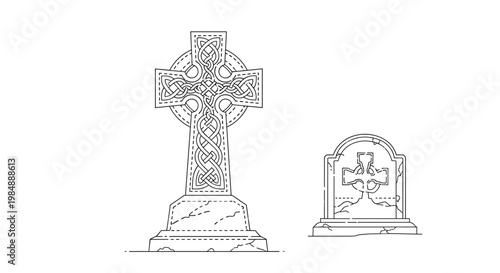 Line art drawings of two different ornate celtic crosses used as gravestones in a cemetery for historical or gothic designs.