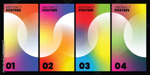 Set of four futuristic abstract gradient posters with blurred white spheres isolated on transparent background