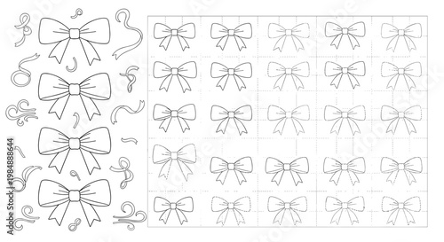 Educational tracing worksheet for children featuring various rows of ribbon bows to practice fine motor skills and handwriting.