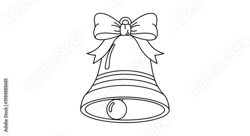 Simple line drawing of a traditional christmas bell decorated with a large ribbon bow perfect for holiday coloring activities.