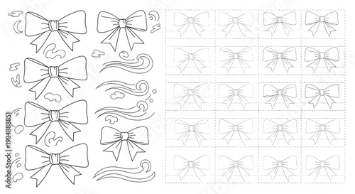 Children tracing worksheet with multiple ribbon bows in various styles and sizes for fine motor skill practice and learning.