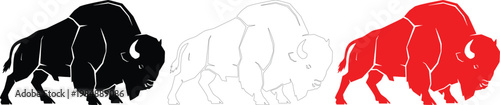 American Bison Vector Set, Buffalo Silhouettes in Black Red and Outline, Wildlife Design
