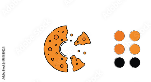 Educational illustration showing a broken orange cookie with crumbs and a color selection palette for creative learning and design.