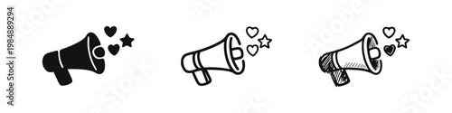 Promotional Bullhorn Icons Set with Heart and Star Symbols for Customer Appreciation