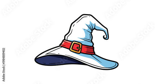 Vector illustration of a light blue and white witch hat with a red buckled band, isolated on a white background for easy use in designs.
