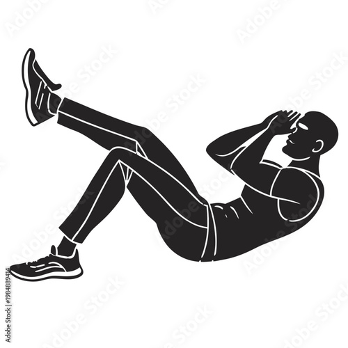 A fit man performing crunches in a modern fitness routine with a minimalist design
