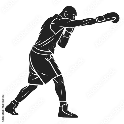 A black and white vector illustration of a boxer in a fighting stance with his arm extended