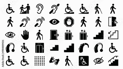 Accessibility icons: wheelchair, hearing, vision, hand, elevator

