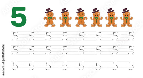 Educational tracing worksheet for the number five featuring a green digit and six cute gingerbread men wearing small brown top hats.