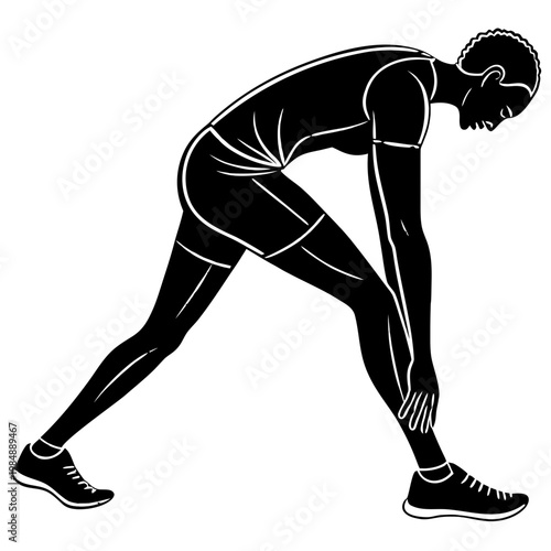 A black and white vector illustration of a man stretching his legs in a dynamic pose