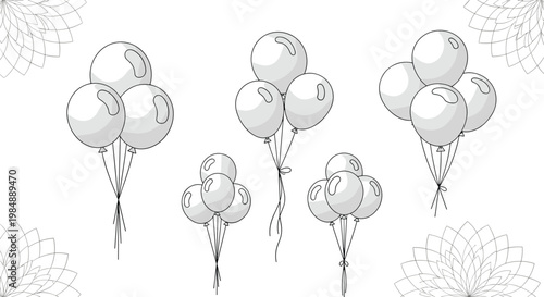 Activity sheet for children featuring several bundles of balloons with dotted outlines for tracing and practicing fine motor drawing skills.
