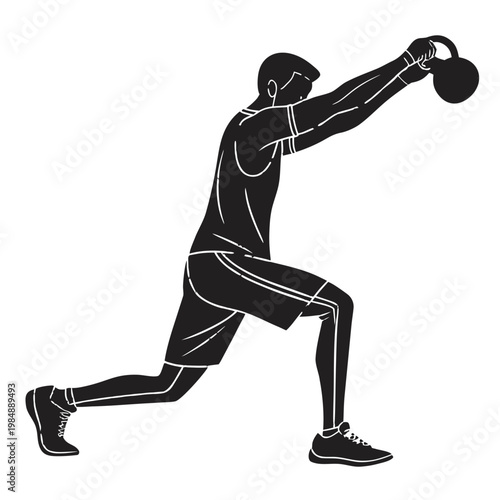 A fit man performing a kettlebell exercise in a dynamic pose