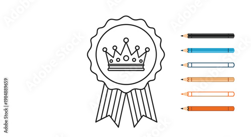 Color-by-numbers or coloring activity page showing a crown medal outline alongside several colored pencils in shades of orange and blue.