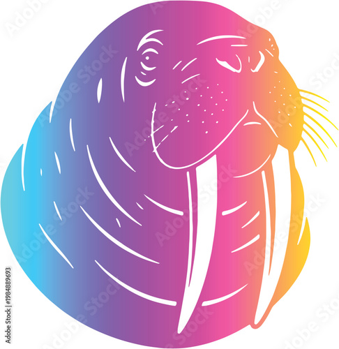 Walrus Head Vector Illustration with Vibrant Colorful Gradient and Long Tusks on White