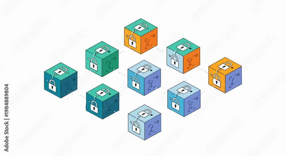 Naklejka premium Isometric Blockchain Technology Illustration with Secure Linked Data Blocks and Padlocks