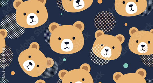 Seamless pattern of cute cartoon teddy bear heads and decorative dotted circles on a dark blue background, perfect for nursery textiles.