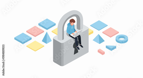 Isometric Illustration of a Man with Laptop Sitting on Large Padlock for Cybersecurity and Data Protection Concept