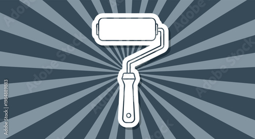 Icon of a paint roller with a handle, set against a dark blue and gray radial burst background, symbolizing renovation and decoration.