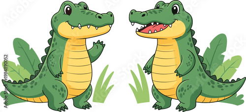 Cute cartoon crocodile characters set with smiling expressions, jungle animal illustration for kids, education and wildlife design