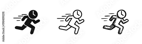 Time management running man icon set with clock head in three styles