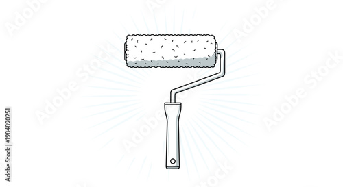 Paint roller tool with a textured nap on a metal handle shown against a radiating light blue burst background.