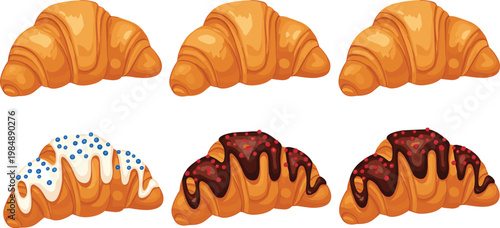 Croissant set with chocolate and sugar toppings, bakery pastry illustration for breakfast, dessert menu and food design concept