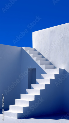 A minimal abstract architecture, modern white staircase with shadow under the blue sky